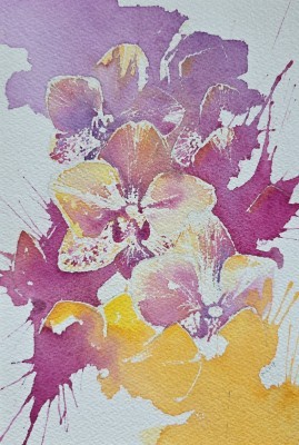 Aquarellbild abstrakter Orchideen in Rosa- und Gelbtönen
